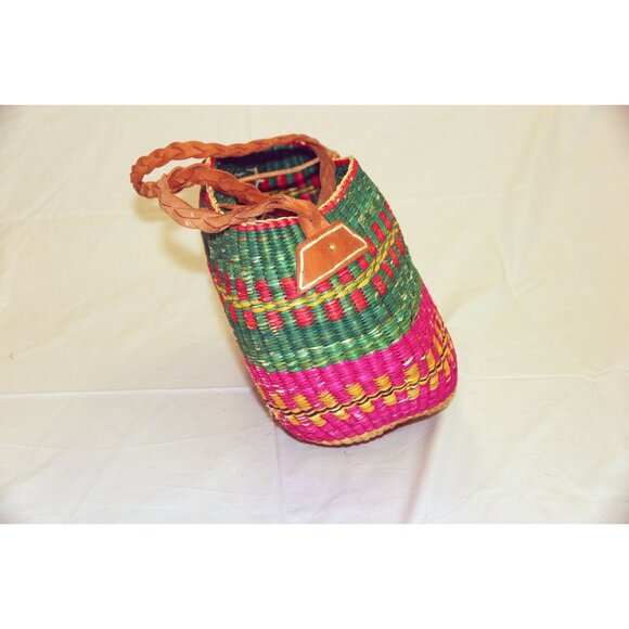 Vtg Hemp Hand woven Bucket Tote Shoulder Bag Purse Leather Straps Button Guatema - Picture 4 of 7